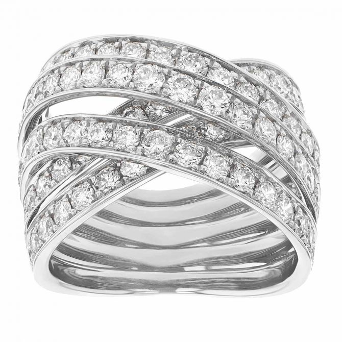 Diamond 5 Row Crossover Ring in White Gold