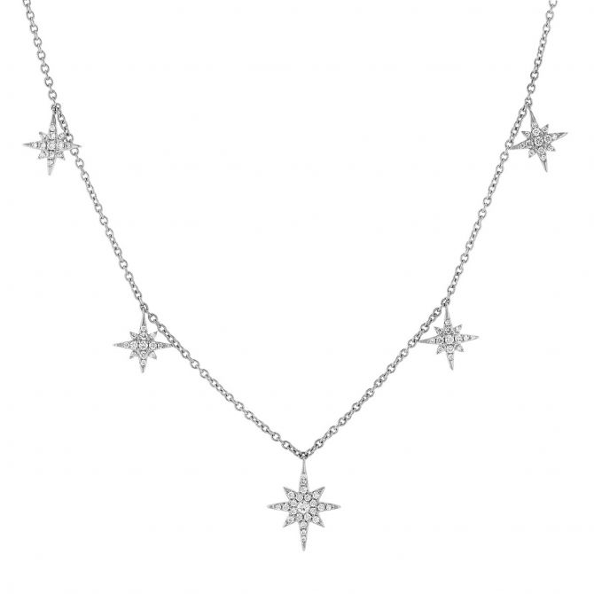 Diamond Pavé Starburst Dangle Station Necklace in White Gold, 16"