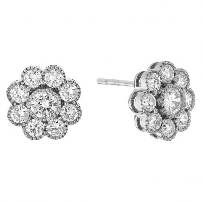 Diamond Floral Halo Milgrain Stud Earrings in White Gold