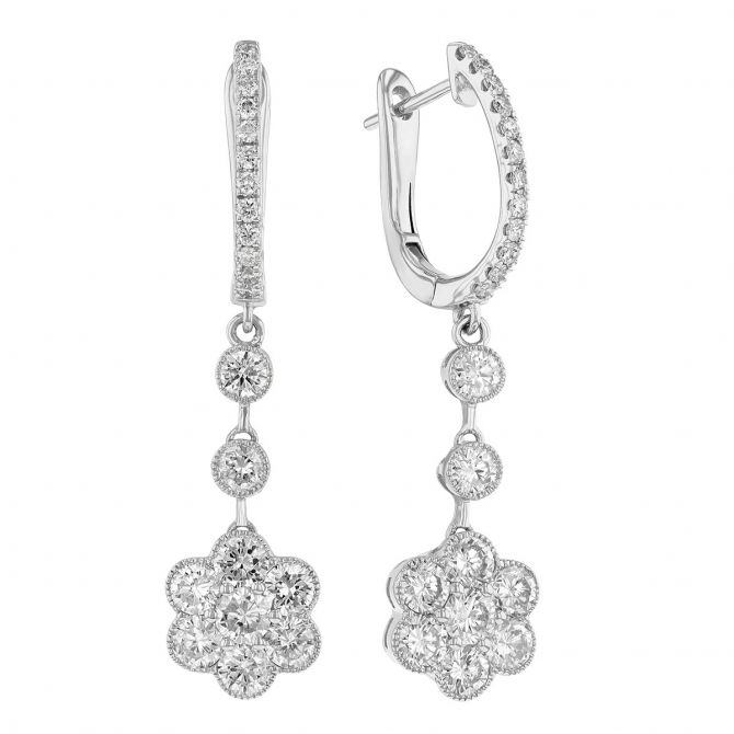 Diamond Flower Cluster Milgrain Dangle Earrings in White Gold