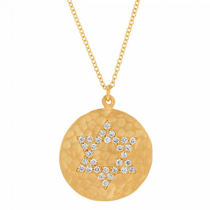 Marika Diamond Pavé Star of David Disc Pendant in Hammered Yellow Gold, 18"