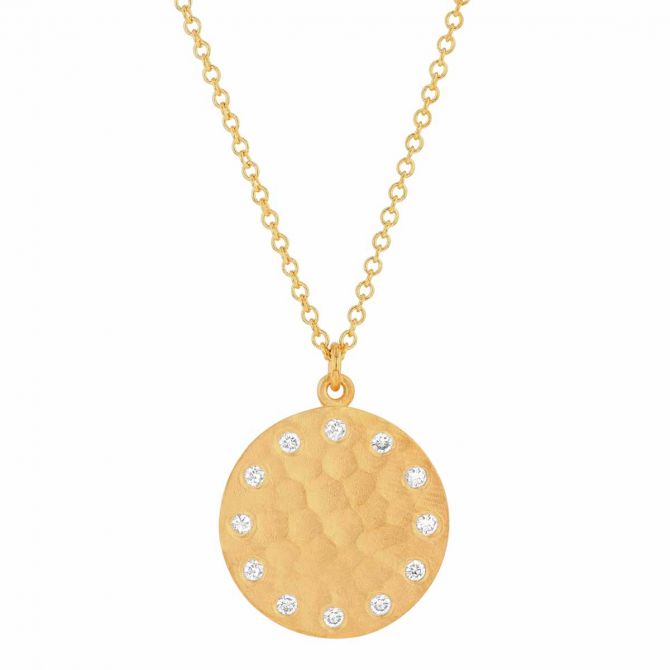 Marika Diamond Flush Set Outline Disc Pendant in Hammered Yellow Gold, 18"