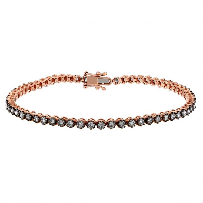 Brown Round Diamond Prong Set Tennis Bracelet in Rose Gold, 7", 2.40 cttw