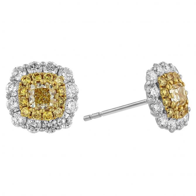 Mixed Shape Yellow Diamond Cluster & White Diamond Halo Stud Earrings in White Gold