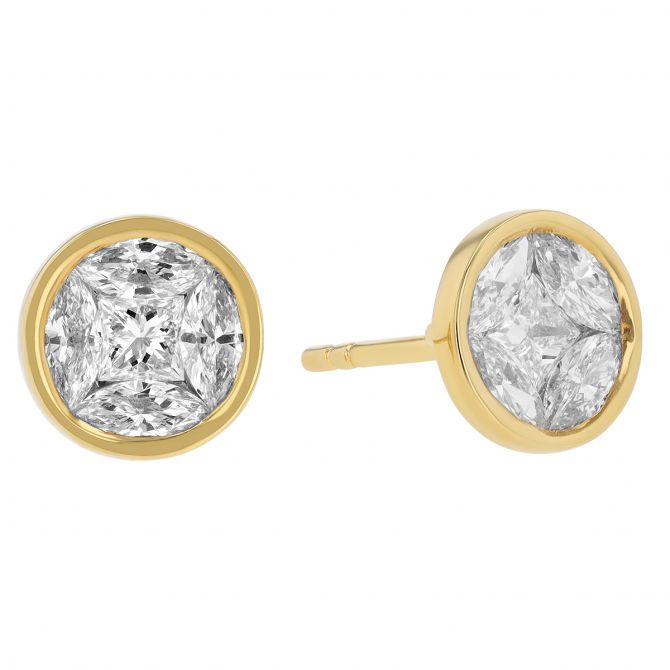 Diamond Mixed Shape Cluster Bezel Set Stud Earrings in Yellow Gold, 1.50 cttw