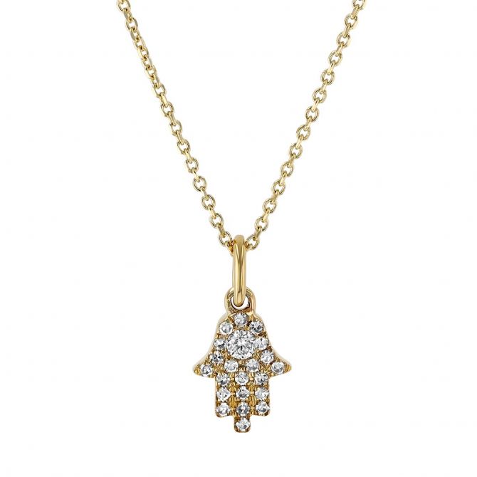 Diamond Pavé Hamsa Pendant in Yellow Gold, 16"