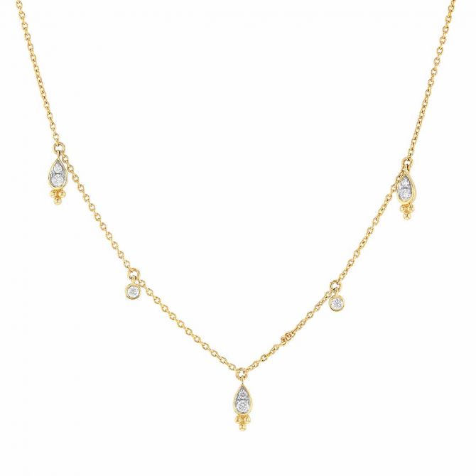 Diamond 5 Drop Station & Alternating Beaded Accent Necklace in Yellow Gold, 18"