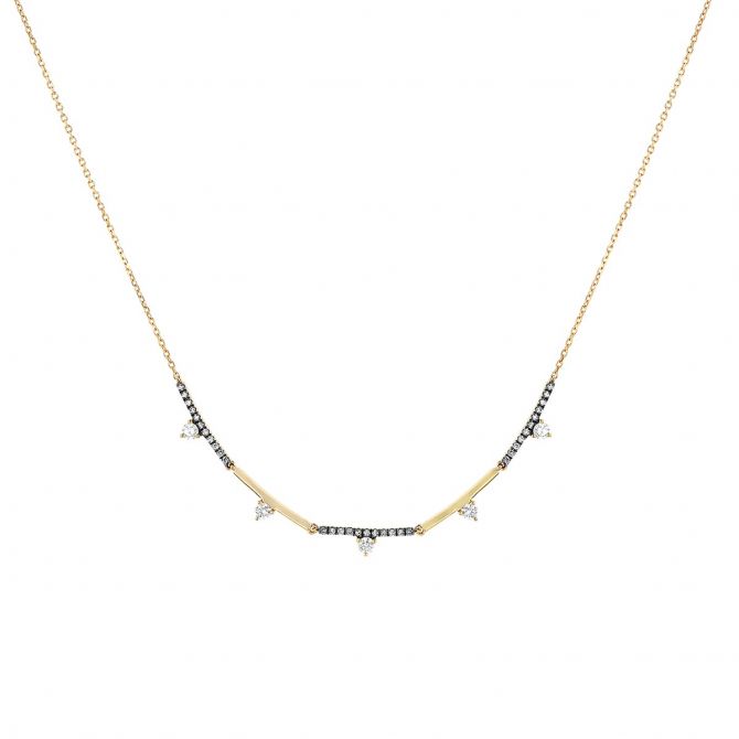 Diamond Drop & Bar Link Necklace in Yellow Gold & Black Rhodium, 18"