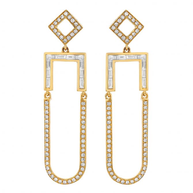 Baguette & Round Diamond U-Shaped Dangle Earrings in Yellow Gold