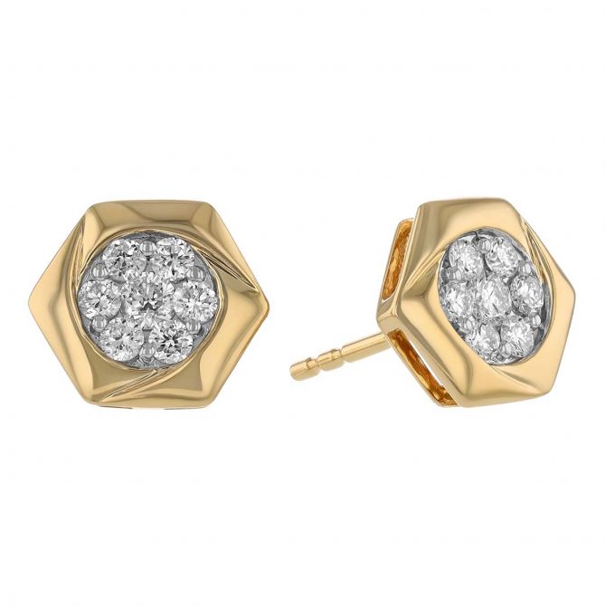 Diamond Pavé Cluster Hexagon Stud Earrings in Yellow Gold