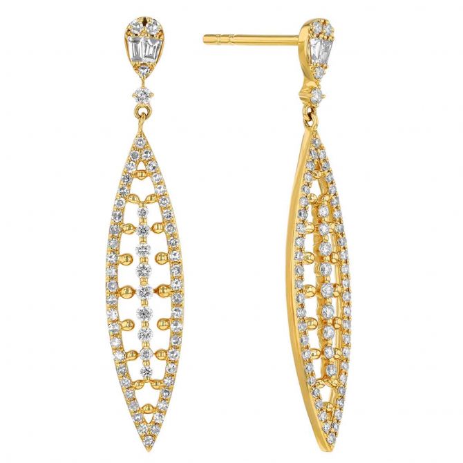 Diamond & Beaded Marquise Shaped Dangle Earrings in Yellow Gold