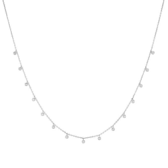 Diamond Drop Station Fringe Necklace in White Gold, 0.15 cttw