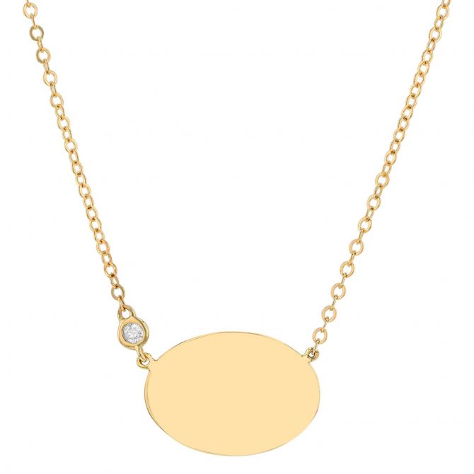 Yellow Gold Oval Disc Pendant with Diamond Bezel Accent, 19"