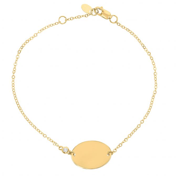 Yellow Gold Oval Disc Bracelet with Diamond Bezel Accent, 7.5"