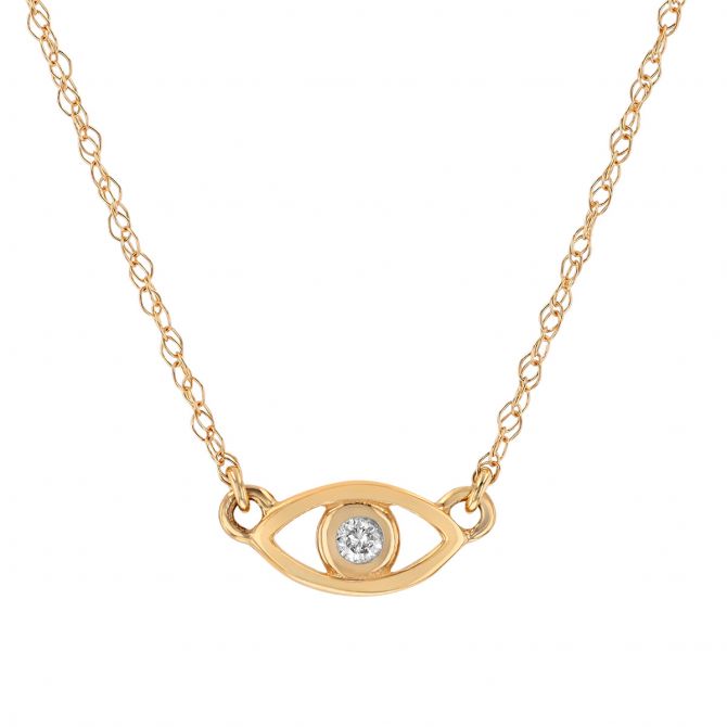 Diamond Bezel Evil Eye Pendant in Yellow Gold, 18"