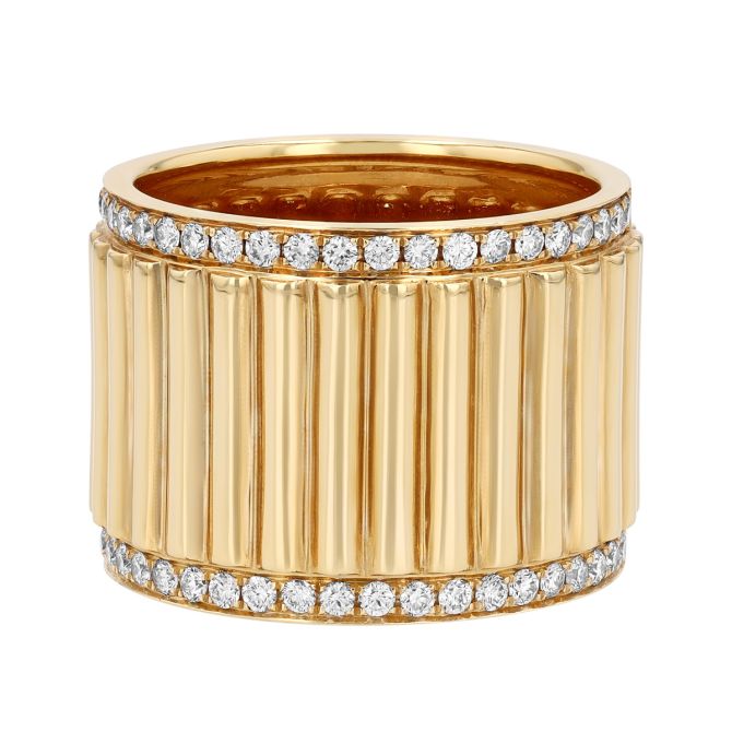 Doves Diamond Ridged Wide Band Ring in Yellow Gold