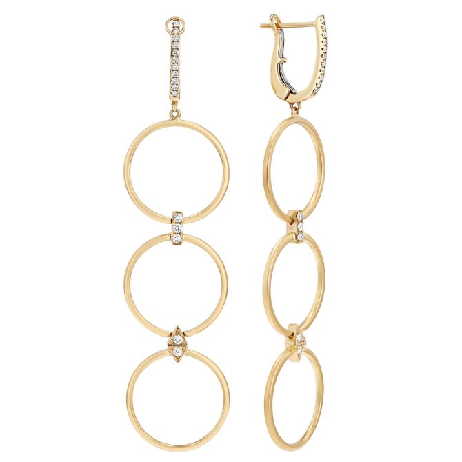 Doves Circle Trio Dangle Earrings with Diamond Accents in Yellow Gold