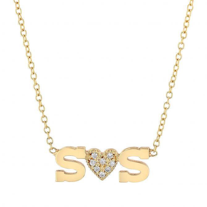 Zoe Chicco 2 Initial Letter & Pave Diamond Heart Necklace in Yellow Gold, 16"