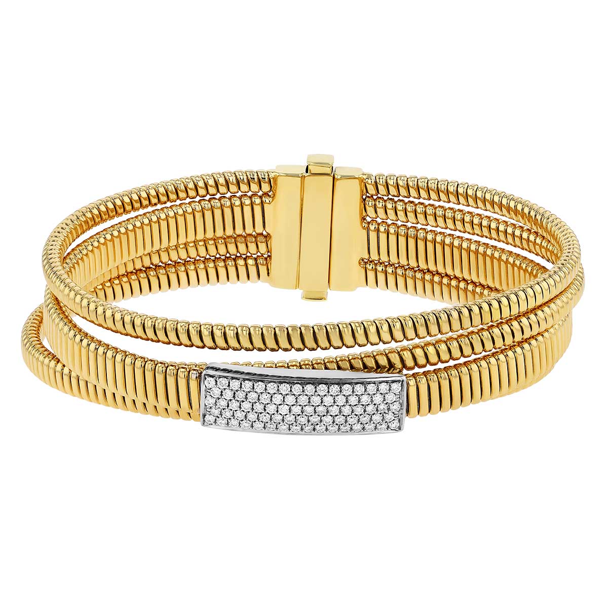 Diamond Pavé 4 Band Crossover Coil Bracelet in Yellow & White Gold ...