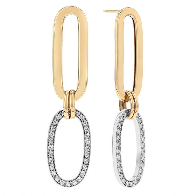 Diamond & Yellow Gold Double Oval Dangle Earrings in Two Tone