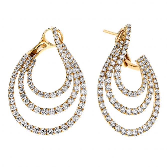 Diamond 3 Row Front-to-Back Curved Earrings in Yellow Gold