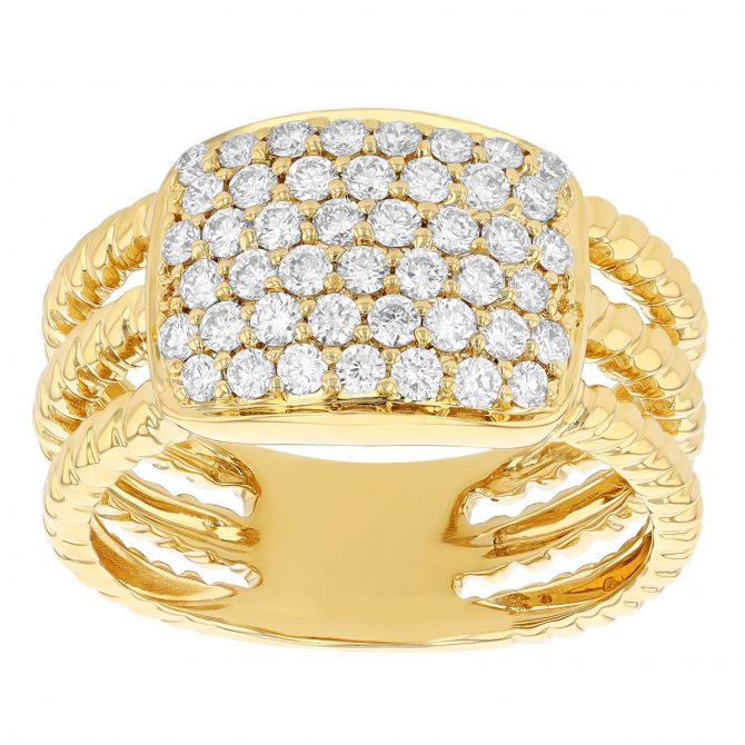 Diamond Pave Square 3 Row Twisted Band Ring in Yellow Gold