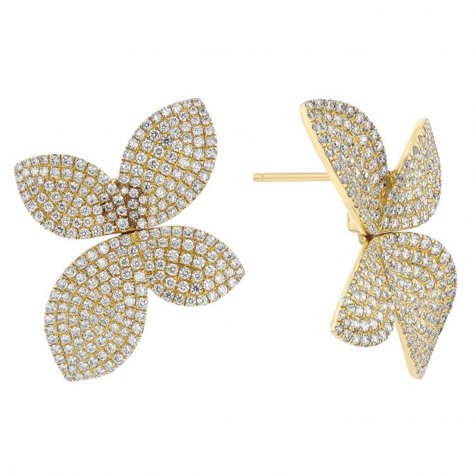 Diamond Pave Four Petal Flower Stud Earrings in Yellow Gold