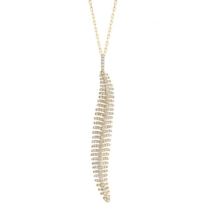 Diamond Pave Curved Feather Pendant in Yellow Gold, 18"