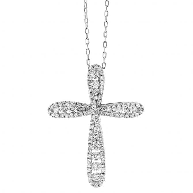 Diamond Swirl Outline Cross Pendant in White Gold, 18"