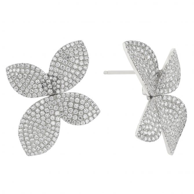 Diamond Pave Four Petal Flower Stud Earrings in White Gold