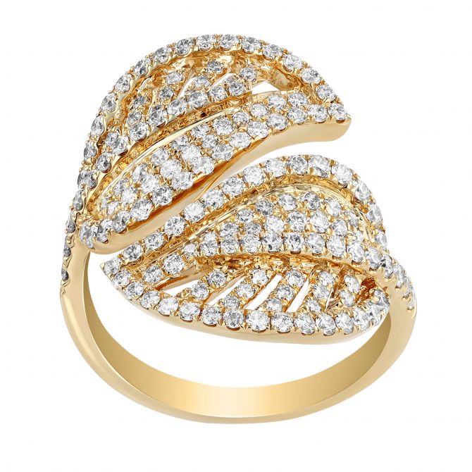 Diamond Pave Leaf Bypass Ring in Yellow Gold