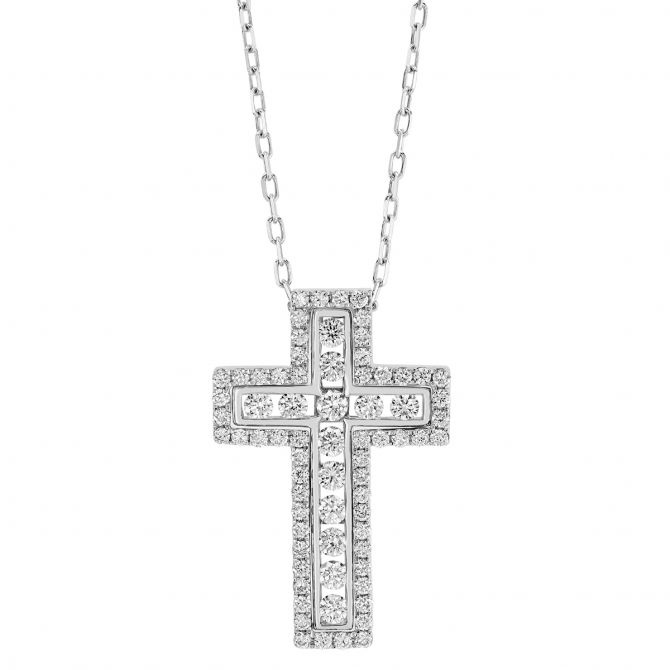 Diamond Cross Pendant in White Gold, 0.99 cttw, 18"