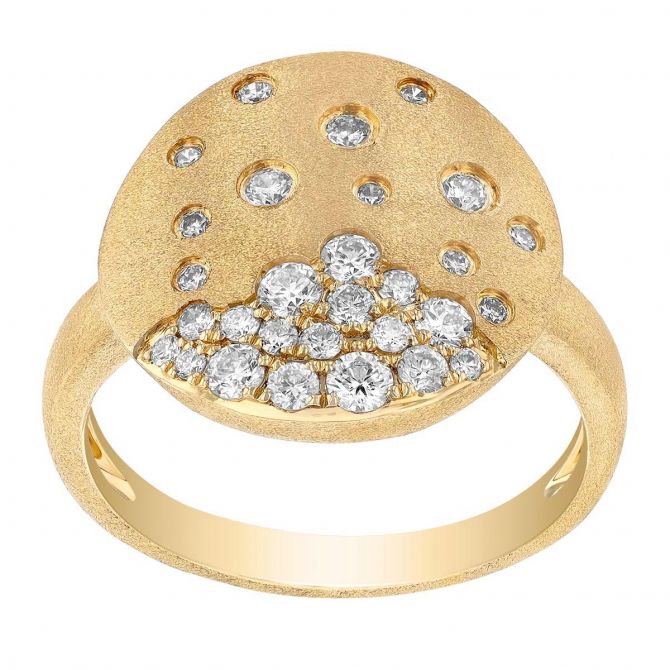 Scattered Diamond Flush Set Disc Ring in Yellow Gold