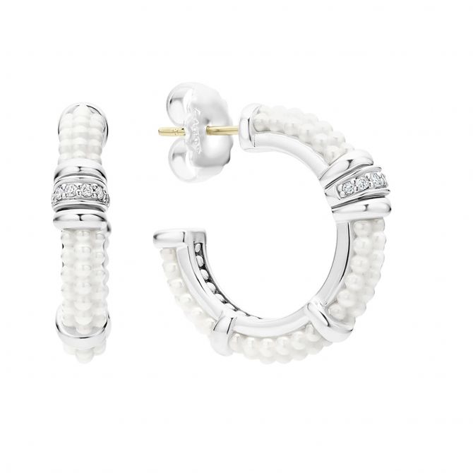 LAGOS White Caviar Ceramic and Diamond Hoop Earrings