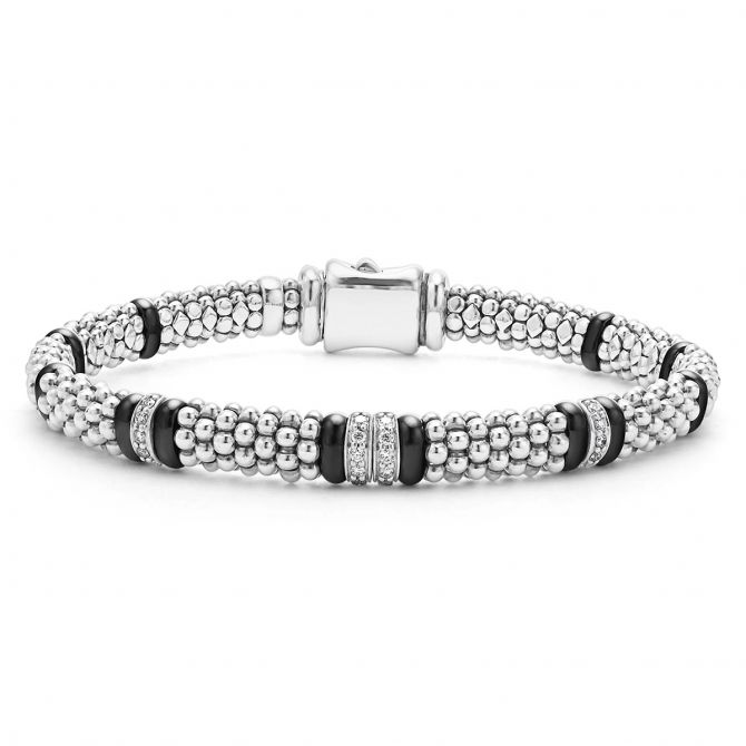 LAGOS Black Caviar Four Station Diamond Caviar Bracelet, 6mm, 7"