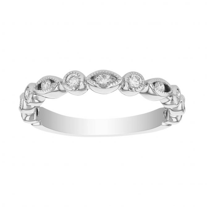 Diamond Round & Navette Alternating Patterned Ring in White Gold