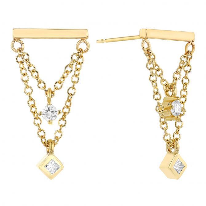 Zoe Chicco Mixed Diamond Double Chain Bar Drop Earrings in Yellow Gold