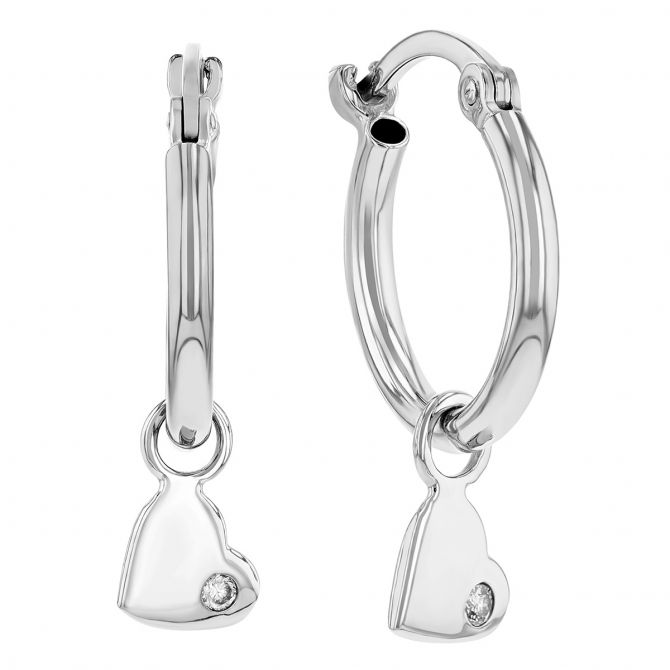 Diamond Heart Dangle Hoop Earrings in White Gold