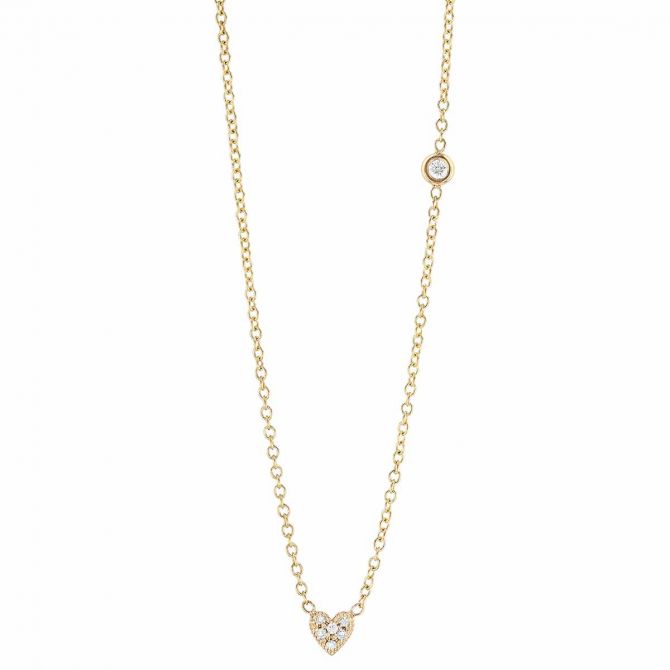 Zoe Chicco Diamond Pave Heart & Single Diamond Bezel Necklace in Yellow Gold, 16"