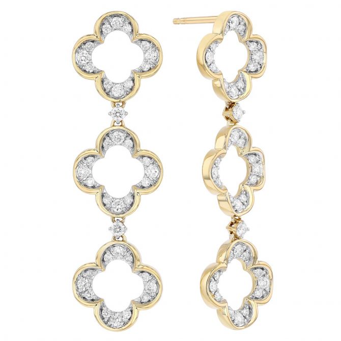 Diamond Triple Clover Dangle Earrings in White & Yellow Gold