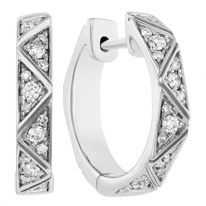 Diamond Zig Zag Pattern Huggie Hoop Earrings in White Gold