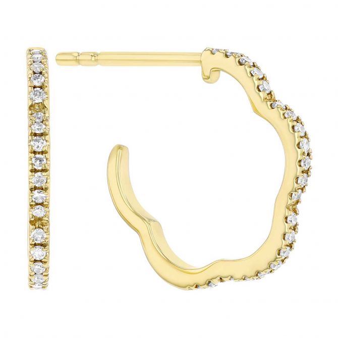 Diamond Open Scallop Edge Hoop Earrings in Yellow Gold