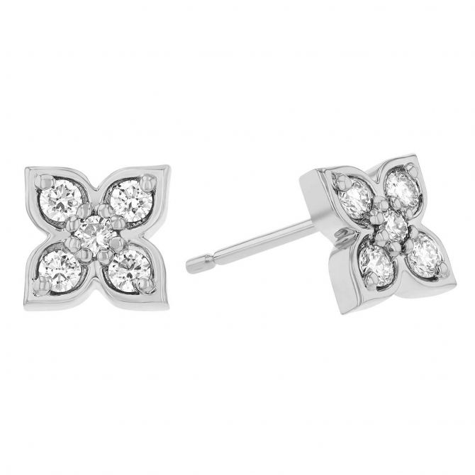 Diamond Floral Pointed Petal Stud Earrings in White Gold