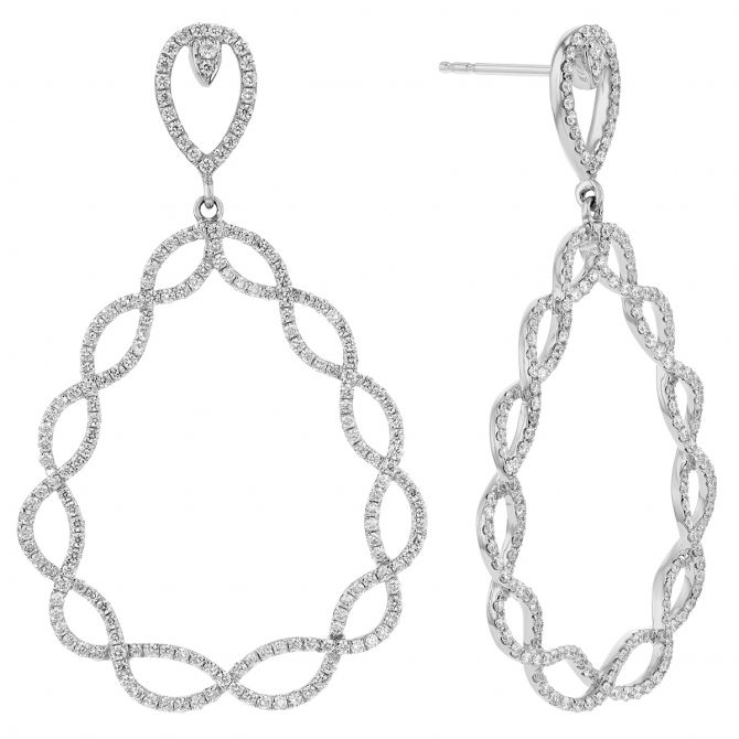 Diamond Open Twist Teardrop Dangle Earrings in White Gold