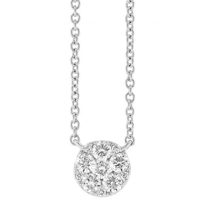 Diamond Cluster Circle Pendant in White Gold, 18"