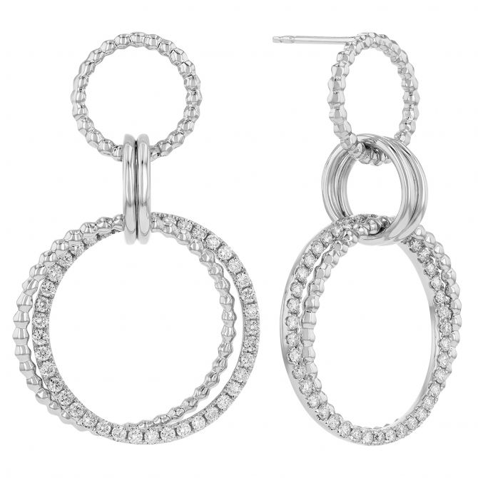 Diamond & Beaded Double Circle Dangle Earrings in White Gold