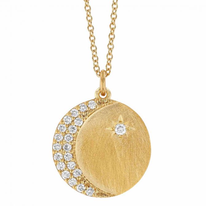 Marika Diamond Pavé Crescent Moon & Star Disc Pendant in Yellow Gold, 18'