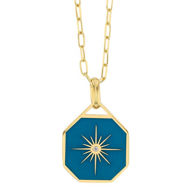 Blue Enamel & Diamond Star Octagon Pendant in Yellow Gold, 20"