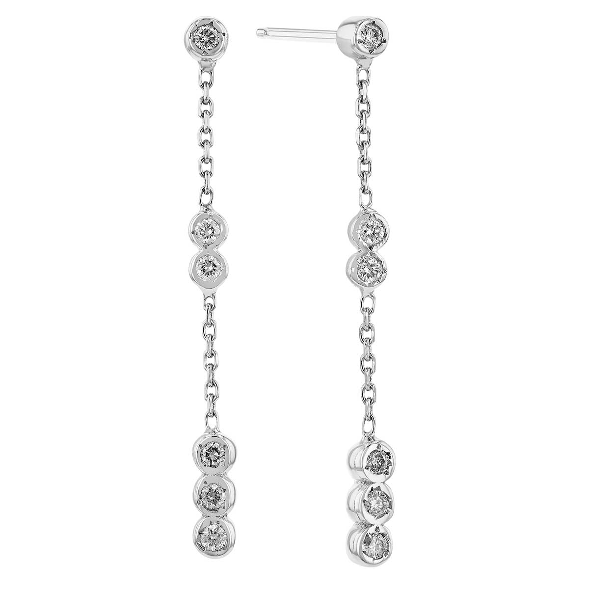 14K White Gold Bezel Set Chain Drop Diamond Earrings