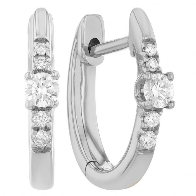 Diamond Large & Small Stone Huggie Hoop Earrings in white Gold